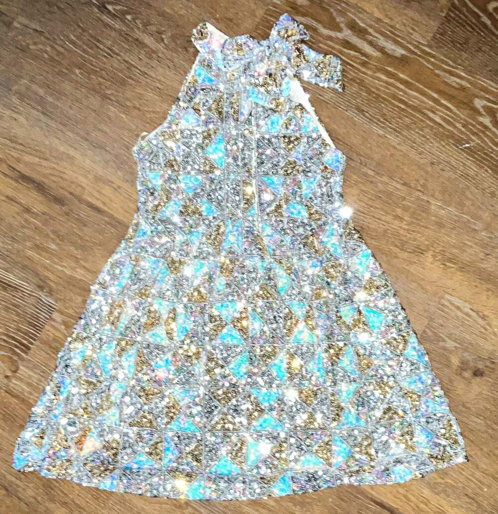 GB Girls Sequin Halter Fit & Flare Dress Size 16 Silver Blue Geometric Party